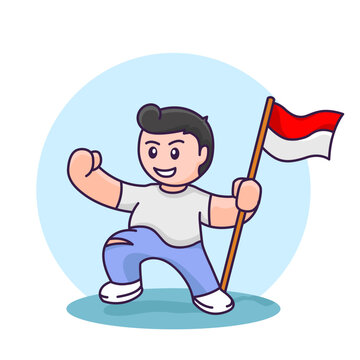 Indonesia independence day 17 august with cute boy holding flag