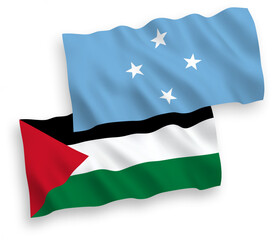 National vector fabric wave flags of Federated States of Micronesia and Palestine isolated on white background. 1 to 2 proportion.