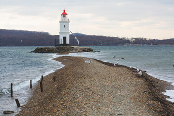 Lighthouse Tokarevskiy on day in Vladivostok, Russia