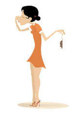 Woman holding a mouse.
Young woman closes the nose and turns away from mouse, she holding by tail. Isolated on white background
