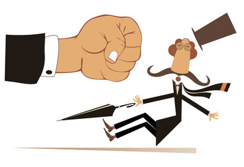 Punch fist and confused falling man. Concept illustration. Big fist beats a falling man in the top hat with umbrella. Isolated on white background
