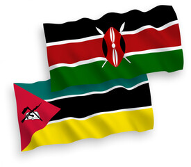 National vector fabric wave flags of Republic of Mozambique and Kenya isolated on white background. 1 to 2 proportion.
