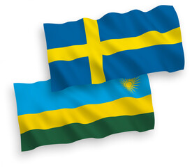 National vector fabric wave flags of Sweden and Republic of Rwanda isolated on white background. 1 to 2 proportion.