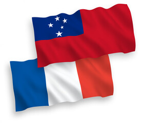 National vector fabric wave flags of France and Independent State of Samoa isolated on white background. 1 to 2 proportion.