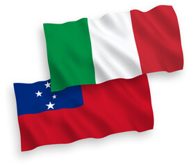 National vector fabric wave flags of Italy and Independent State of Samoa isolated on white background. 1 to 2 proportion.