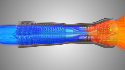 Working of turbine engine showing aerodynamics visualization and thrust flow fan blades with temperature ramp map and particles flow  © Cinefootage Visuals
