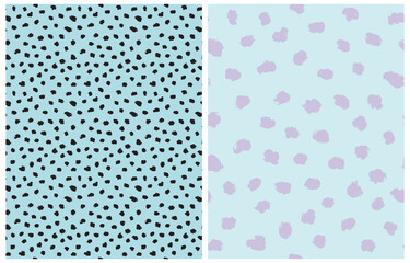 Abstract Leopard Skin Seamless Vector Patterns. Violet and Black Irregular Brush Spots on a Light and Pastel Blue Background. Cool Abstract Wild Animal Skin Print. Simple Irregular Geometric Design.