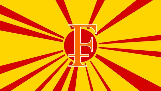 Franc symbol on the background of animation from moving rays of the sun. Large orange symbol increases slightly. Seamless looped 4k animation on yellow background