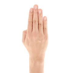 Asian hand with Four fingers up gesture isolated on white background, Clipping path Included.