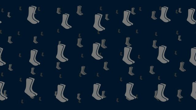 Socks symbols float horizontally from left to right. Parallax fly effect. Floating symbols are located randomly. Seamless looped 4k animation on dark blue background