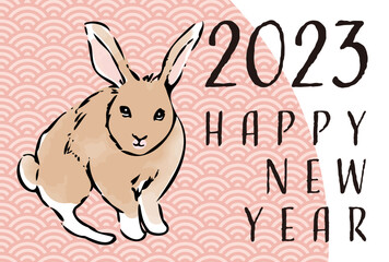 リアルうさぎ_年賀状2023年_シンプル和風茶色うさぎイラスト_HAPPY NEW YEAR_横位置