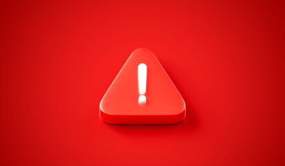 Exclamation mark 3d icon on red attention background with message button danger symbol or alert caution triangle shape sign and important notification error warning stop alarm problem security notice.