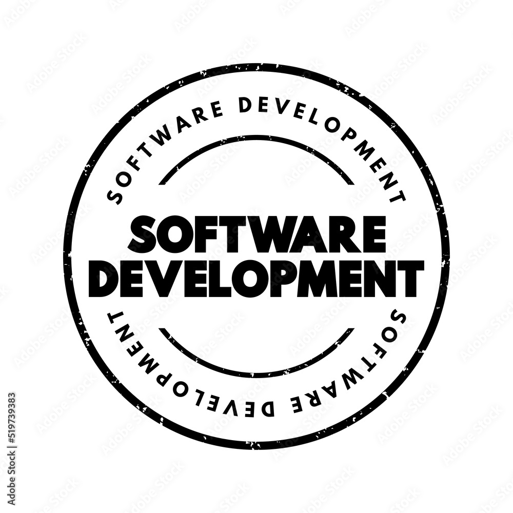Poster Software Development - set of computer science activities dedicated to the process of creating, designing and supporting software, text concept stamp