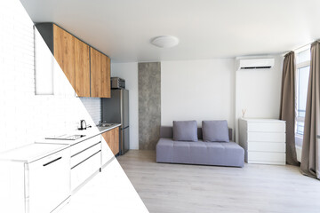 plan illustration and room berfore renovation concept drawing