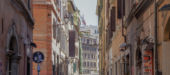 Fototapeta premium Ancient and historic temple ruins with columns and walls like open air museum Rome Roma excavation site in Italy with landmarks like Vatikan City St. Peter´s
