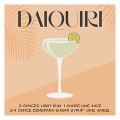 Daiquiri Cocktail in martini glass garnished with lime slice. Retro card of summer aperitif recipe. Wall art square banner with alcoholic beverage and tropical palm tree shadow on background. Vector.