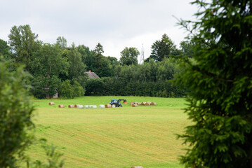 a beautiful green meadow with hay rolls and bushes where the tractor is working on a sunny summer day