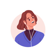 Happy girl in earphones. Young woman enjoying, listening to music, head portrait. Modern smiling female user face, profile avatar. Flat graphic vector illustration isolated on white background