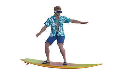 3D Render : young surfer man with a VR headset surfing on the surfboard isolated on white background, gamer simulation as a surfer 