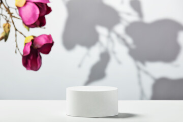 Abstract empty white podium and magnolia flowers on white background. Mock up stand for product presentation. 3D Render. Minimal concept. © Natalia Klenova