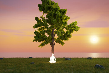 Meditation man in yoga lotus position meditate near lone tree on sea shore on sunset. Mindfulness and self awareness practice. Glowing soul. Beautiful scenery landscape. 3D rendering