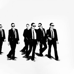 Group of same women in black classic suits, black tie, white shirt and sunglasses walking on white...