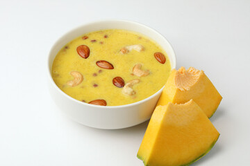 Kaddu or Pumpkin Kheer Or Bhoplyachi Kheer in Marathi and gummadikaya payasam in Telugu, Garnished with dry fruits