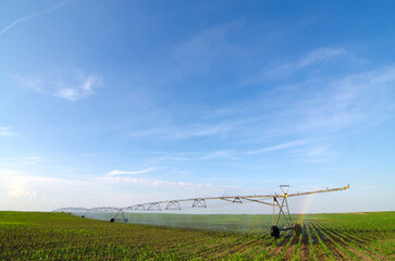 Fototapeta na wymiar Agricultural irrigation system watering corn field on hot dry summer day during drought