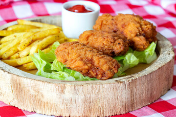 Spicy chicken wings, with fries lettuce and ketchup, on a rustic wooden platter plate.  On a gingham tablecloth