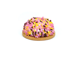 Marshmallow cookie sweet desert isolated on the white background. Delicious cup cake close up shot. Colorful sprinkles pie 