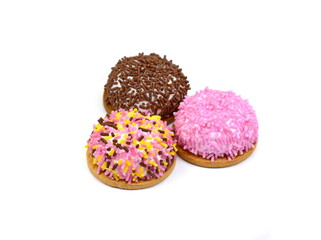 Marshmallow cookies sweet desert isolated on the white background. Delicious cup cakes close up shot. Colorful sprinkles pie. 