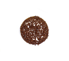 Marshmallow cookie sweet desert isolated on the white background. Delicious cup cake close up shot. Colorful sprinkles pie 