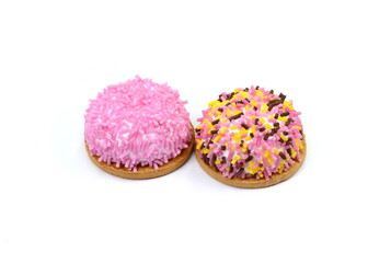 Marshmallow cookies sweet desert isolated on the white background. Delicious cup cakes close up shot. Colorful sprinkles pie. 