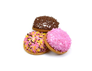 Marshmallow cookies sweet desert isolated on the white background. Delicious cup cakes close up shot. Colorful sprinkles pie. 