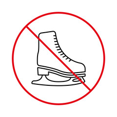 No Allowed Rink Area Recreation Sign. Ban Ice Skate Black Line Icon. Forbidden Figure Skating Pictogram. Ice Skate Winter Boot Prohibited. Skater Red Stop Symbol. Isolated Vector Illustration