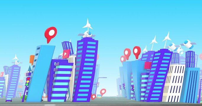 Dancing And Twisting Cartoon Skyscrapers. Perfect Loop. Technology And Smart Cities Related 3D Animation.