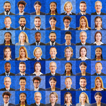 Quadrat aus Business Portraits vor blauem Polygon Hintergrund
