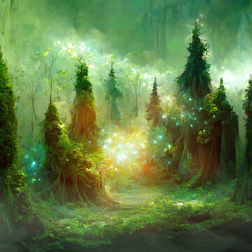 Beautiful magical fairy forest with glowing lights