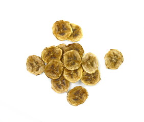 Dried banana slice isolated on white background. multiple dried banana chips snacks isolated over the white background.