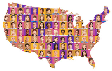 Portraits von Kindern und Erwachsenen auf Karte der USA