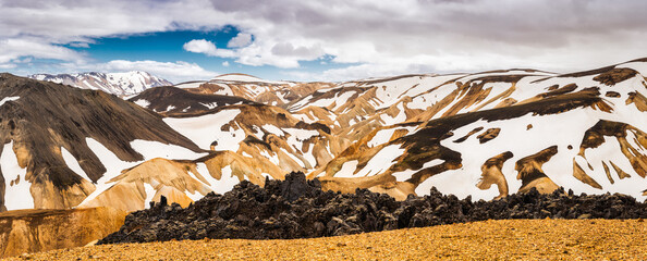 Viewpoint of Brennisteinsald trail with snow covered volcanic mountain in Landmannalaugar at...