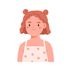 Smiling girl, head portrait. Happy cute kid avatar. Adorable child with bob cut and funny hair buns. Schoolgirl face with positive expression. Flat vector illustration isolated on white background