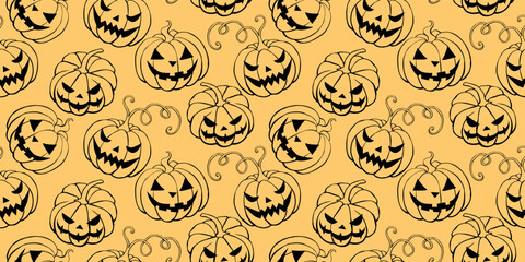 Vector Seamless pattern with pumpkins, Jack o Lantern. Halloween backgrounds and textures in flat doodle style, isolated