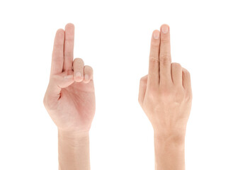 Hand gesture Two fingers up isolated on white background, Clipping path Included.
