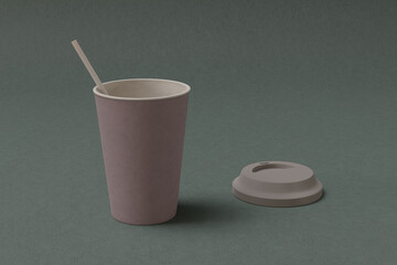 Coffee cup with paper straw isolated on a colored background in japandi style. Mockup, 3d rendering illustration.	
