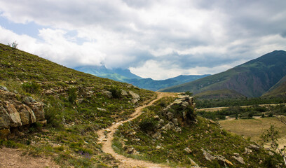 Panoramic landscape with a walking path on an alpine meadow with green grass among the high slopes...