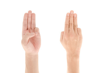 Asian hand with Three fingers up gesture isolated on white background, Clipping path Included.