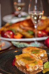 Jellied meat with meat and fried chicken