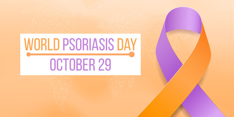 World psoriasis awareness day concept. Banner template with lavender and orange ribbon awareness. Vector illustration.