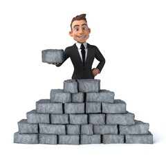 Fun 3D cartoon business man building a wall